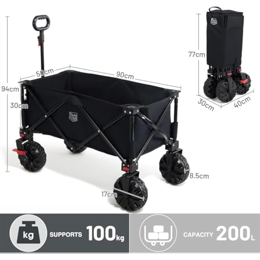 TIMBER RIDGE Festival Trolley on Wheels with Brakes, 200L Folding Camping Beach Trolley with Adjustable Handle & Cover Bag, 100kg Heavy Duty Cart Wagon for Outdoor Garden Picnic