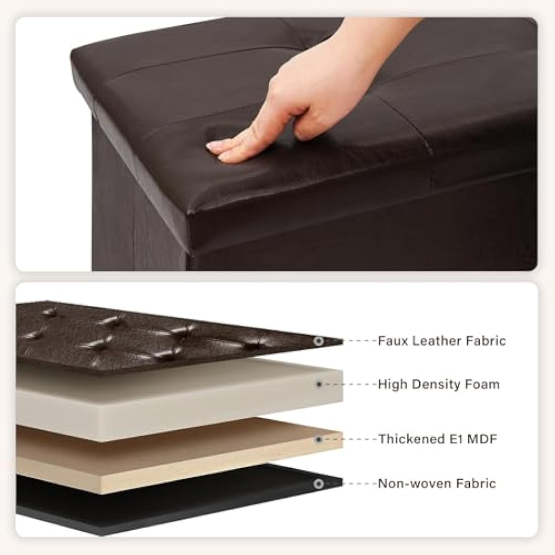 Bonlife Storage Ottoman, End of Bed Bench,Chest with Lid, Faux Leather Foldable Bench, 140L Capacity, Holds up to 300 kg, Footdtool for Bedroom, Hallway, Living Room,Brown