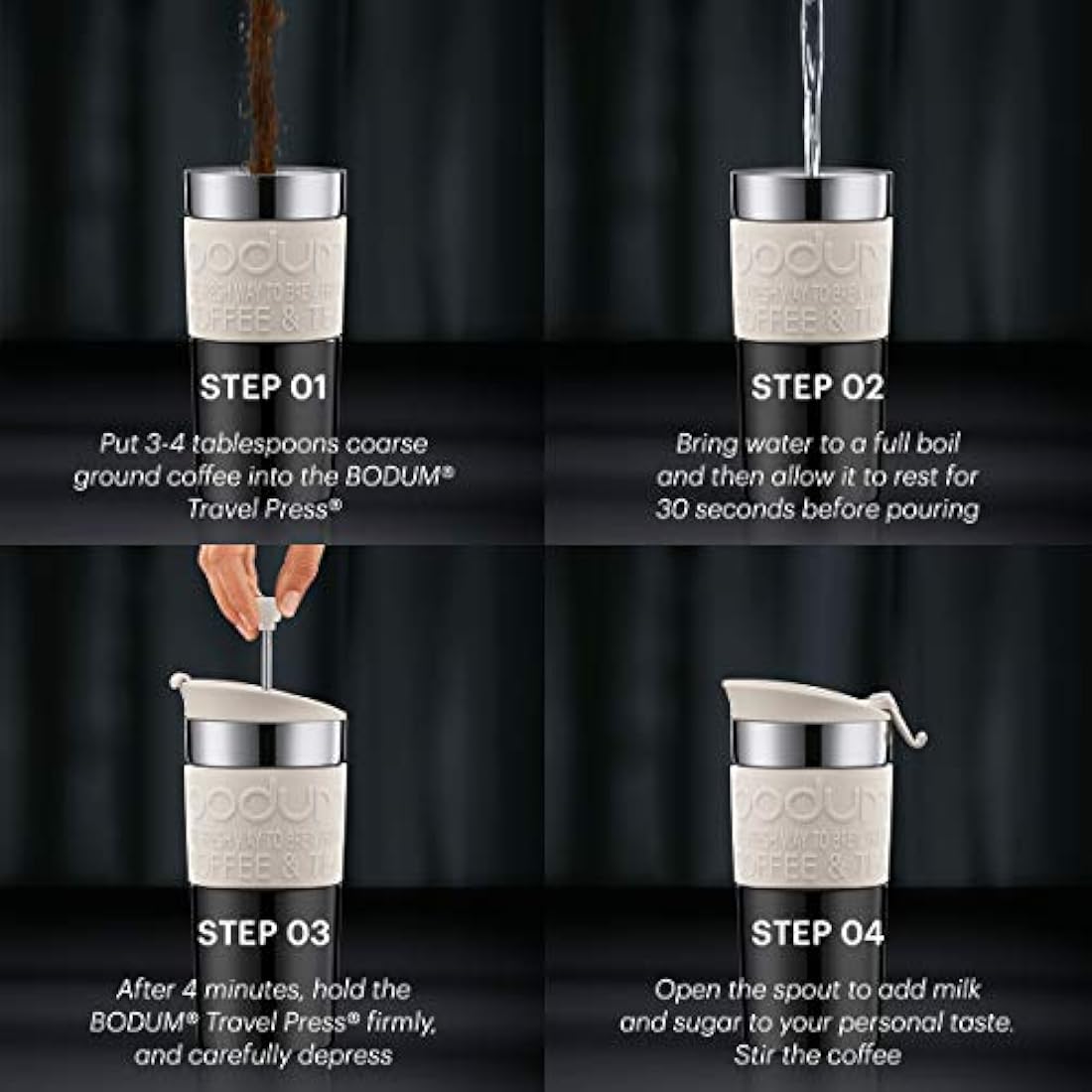 BODUM Travel French Press Coffee Maker, Vacuum, Small, 0.35 L - Off-White