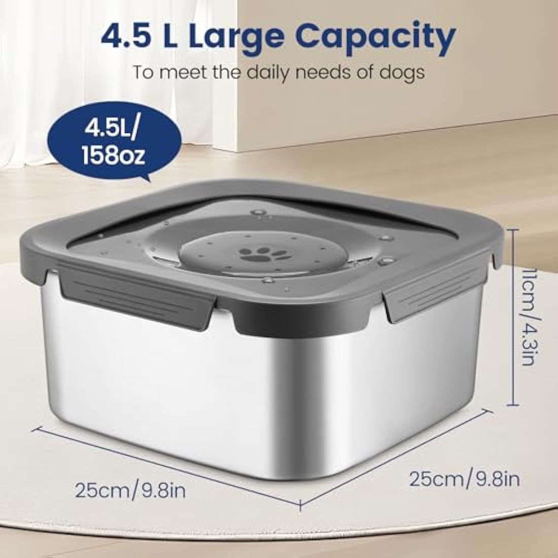 PETTOM 4.5L Stainless Steel Dog Water Bowl Non Spill Extra Large, Non Drip Dog Water Bowl for Dogs Slow Drinking, No Splash Metal Water Bowl for Dogs, Anti Spill Pet Vehicle Carried Travel Water Bowl