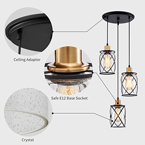 WUZUPS Chandelier Semi Flushmount Industrial 3-Light Pendant Ceiling Light Fixture Clear Seeded Glass Shade for Entryway Porch Foyer Kitchen Dining