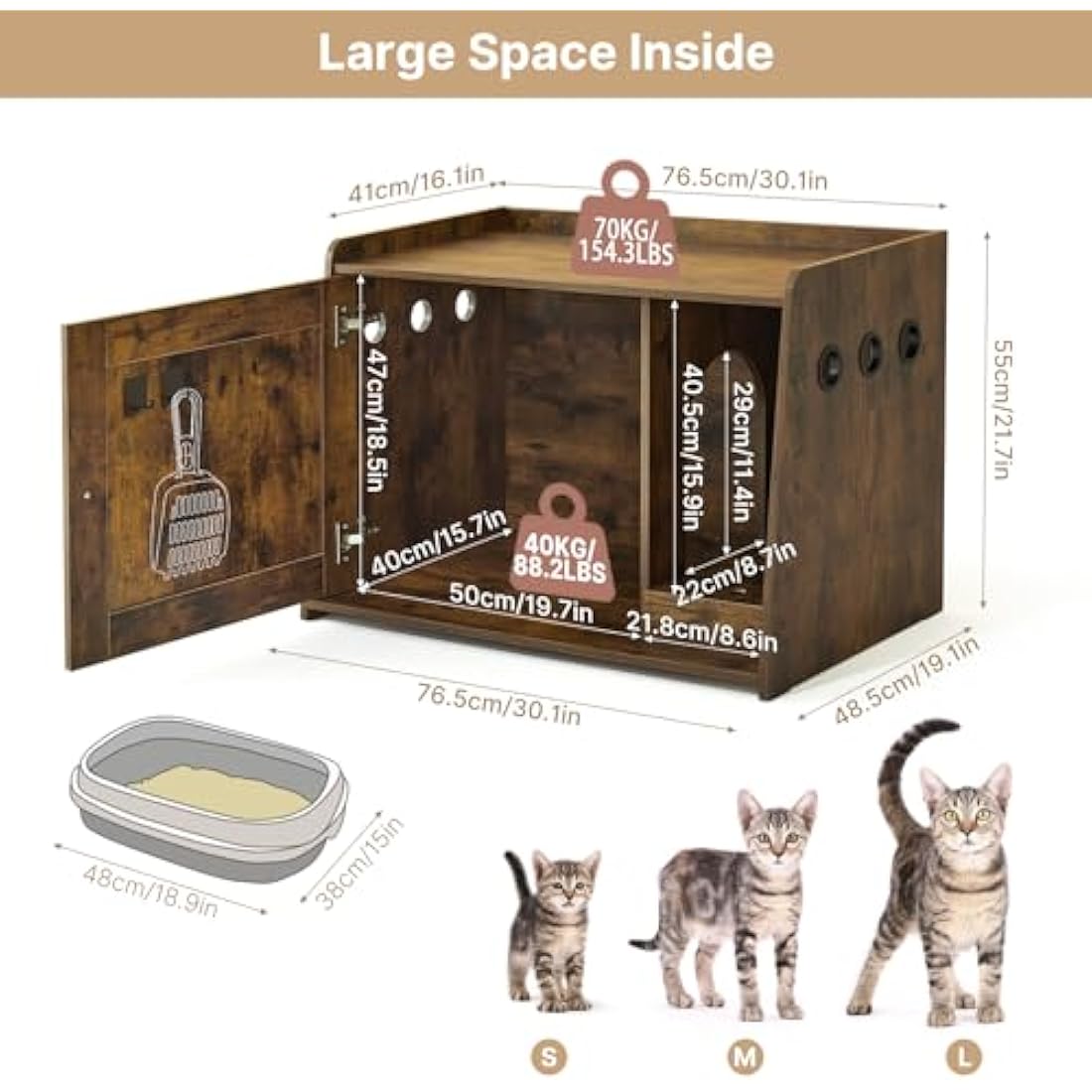 Mondeer Cat Litter Box Enclosure, Wooden Kitty Hidden Washroom Toilet with Door and Holes, Industrial Indoor Cat Houses for Living Room Bedroom Hallway, Rustic Brown