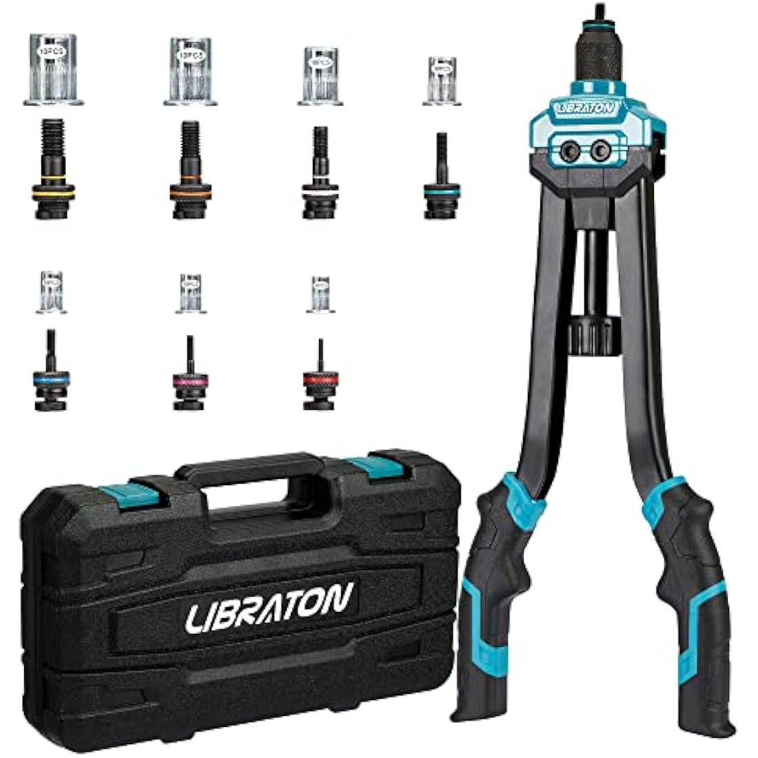 Libraton 16" Rivet Nut Tool, Rivet Nut Gun, Hand Rivet Nut Setter with 70PCS Rivet Nuts, 7PCS Metric Interchangeable Mandrels and Carrying Case, Easy Replace