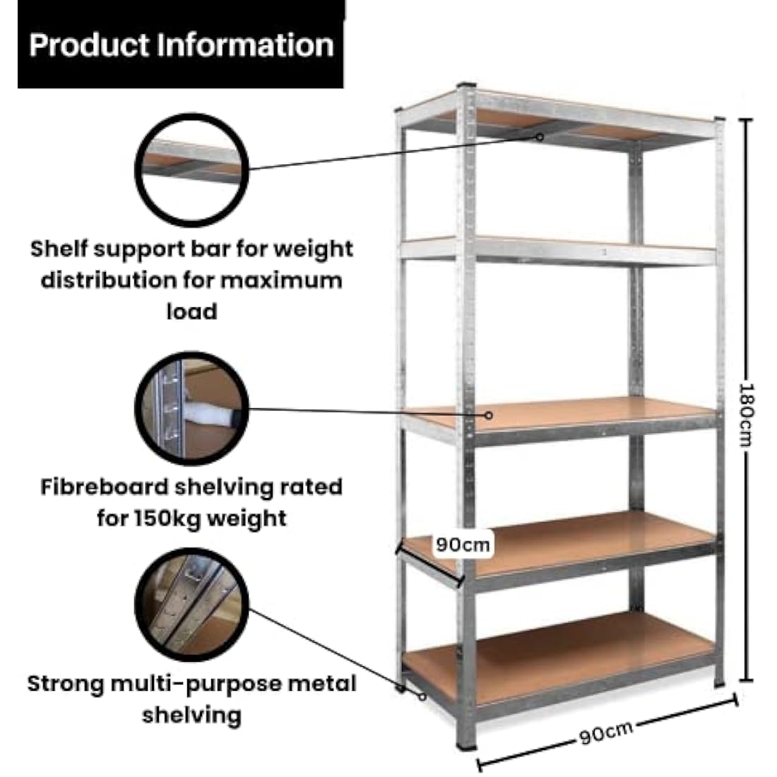 Samuel ALEXANDER Garage Shelving 90cm Wide & 180cm High Heavy Duty 5 Tier Multipurpose Storage Shelves Boltless Metal Racking Unit/Warehouse Storage