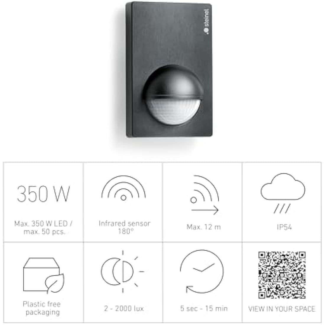 Steinel Motion Sensor IS 180-2 Black, PIR Motion Detector, 12 m Reach, max. 1000 W for 6 LED Lights, Twilight Switch