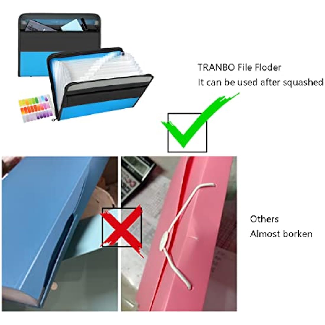 TRANBO 13 Pockets Expanding File Folder with Zipper Closure, A4 Plastic Document Wallet Organizer with Handy Front Pocket for Personal Office Stationary Storage