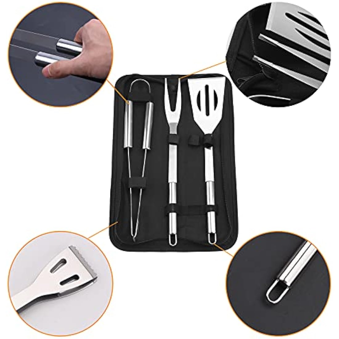 BBQ Tool Set,3 Pcs Professional Stainless Steel Grill Accessories Set with Handle Storage Bag,Camping Barbecue Grilling Utensils Kit Spatula Tongs Fork for Birthday Christmas Party