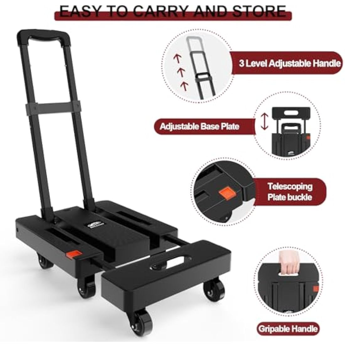 SOLEJAZZ Folding Hand Truck, Portable Dolly for Moving, 230KG Trolley with 6 Wheels & 2 Bungee Cords for Luggage, Travel, Shopping, Office Use, Black