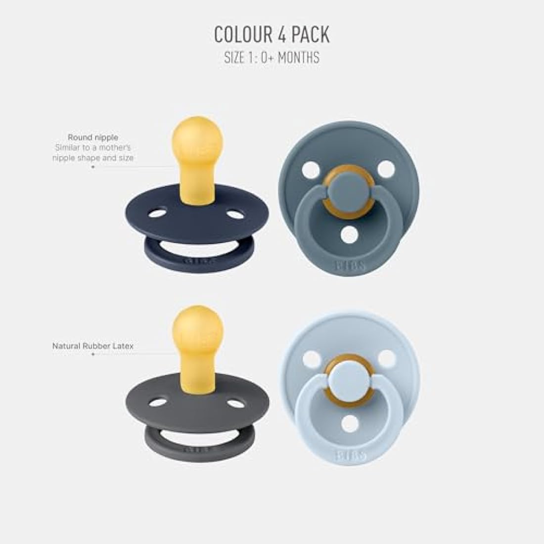 BIBS Dummies Colour 4-Pack, BPA Free Dummy Pacifier, Round Nipple Soothers, Natural Rubber Latex, Made in Denmark. 0-6 Months (Pack of 4), Deep Space Mix
