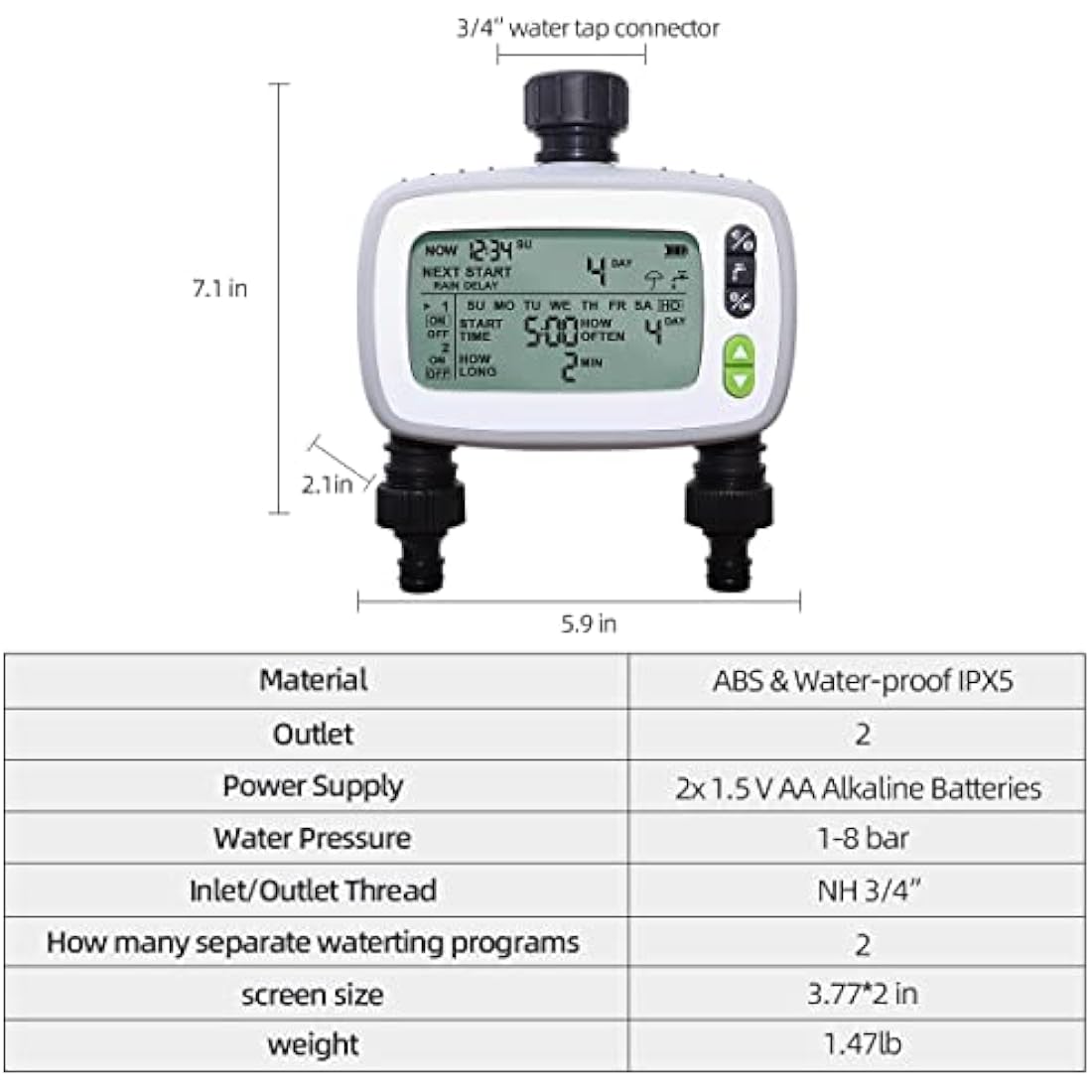 Aqualin Watering Irrigation System Sprinkler Water Hose Timer 2 Zone with FSTN Large LCD Screen for Garden Plants
