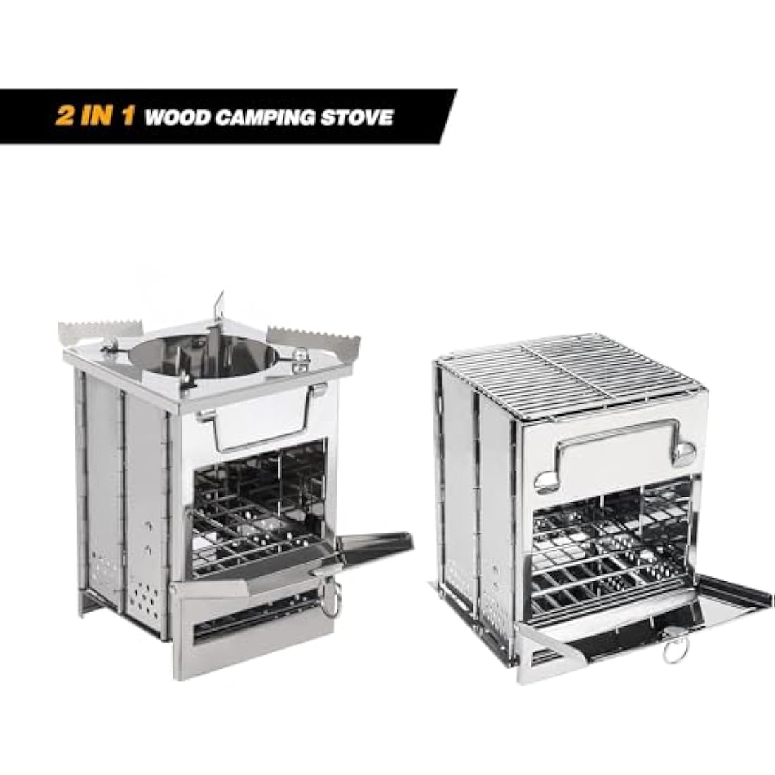 REDCAMP Wood Burning Camping Stove Folding with Pot Stand, Large Portable Stainless Steel 304# Grill Folding Wood Stove for Hiking Picnic Cooking Outdoor，Large