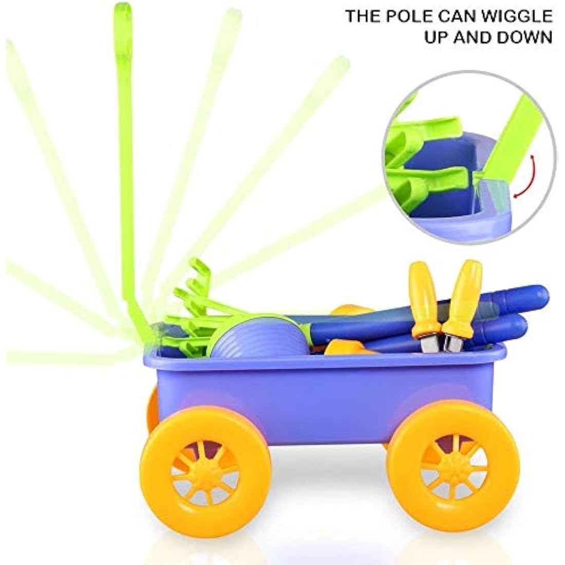Delex Pull along Kids Wagon Wheelbarrow and Gardening, Beach and Tools Play Set With Water Pail and Spray Includes 10 Accessories and 4 Plant Pots