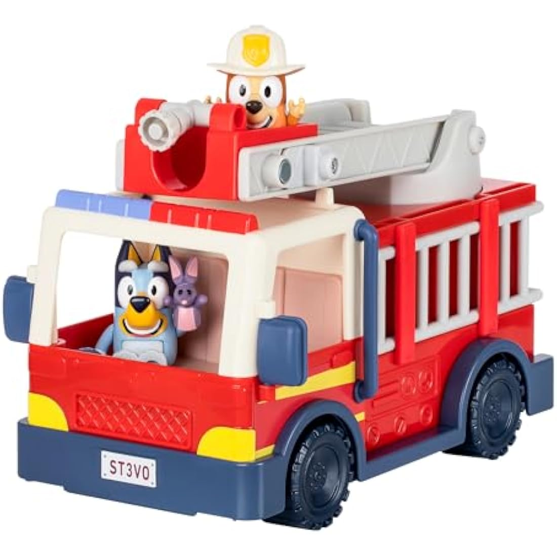Bluey Firetruck, Firetruck, Exclusive Firefighter Bingo and Bob Bilby Figures Raise The Ladder, Spin It Around and Roll Out The Hose Includes Sticker Sheet