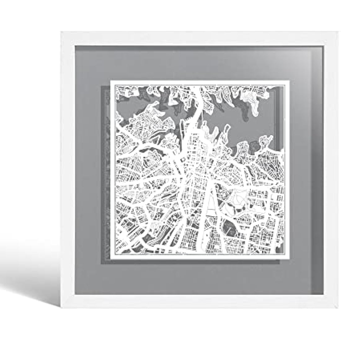 O3 DESIGN STUDIO Sydney Paper Cut Map framed, White map, White frame, 9x9 inches, Gift Boxed, 4 background color, self-changing, Paper Art