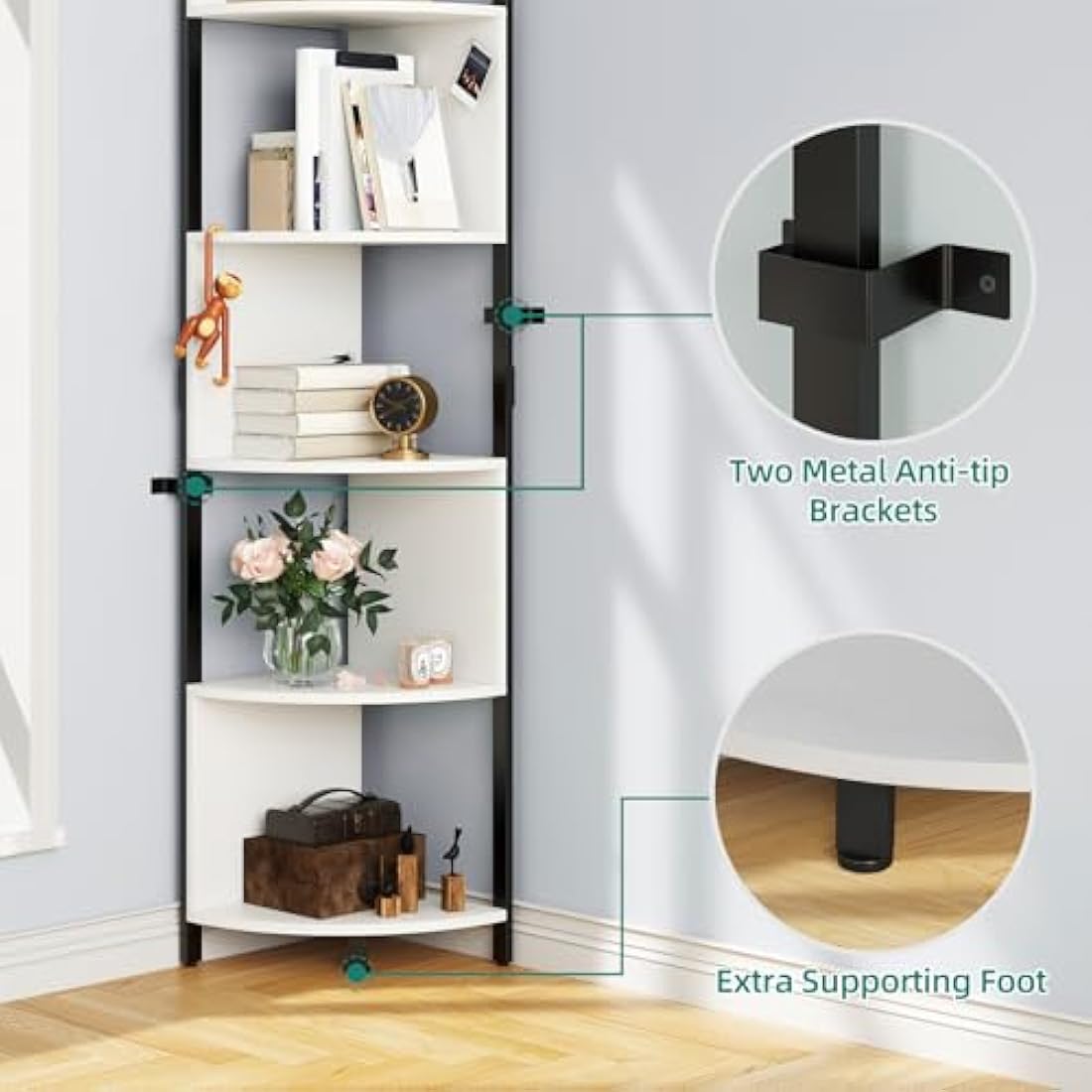 YITAHOME 6-Tier Corner Shelf, 68.8" Tall Modern Free Standing Zigzag Corner Bookshelf, 6 Shelf Display Corner Bookcase Open Small Book Shelves for Living Room, Home Office, Small Space, White