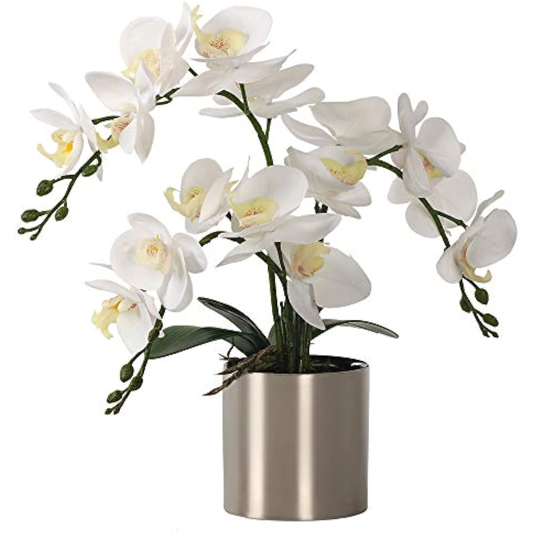 LESING Artificial Orchid Flower with Vase, White Orchid Bonsai Faux Orchid Phalaenopsis Plant Pot Arrangements for Home Decoration (White,Silver Vase)
