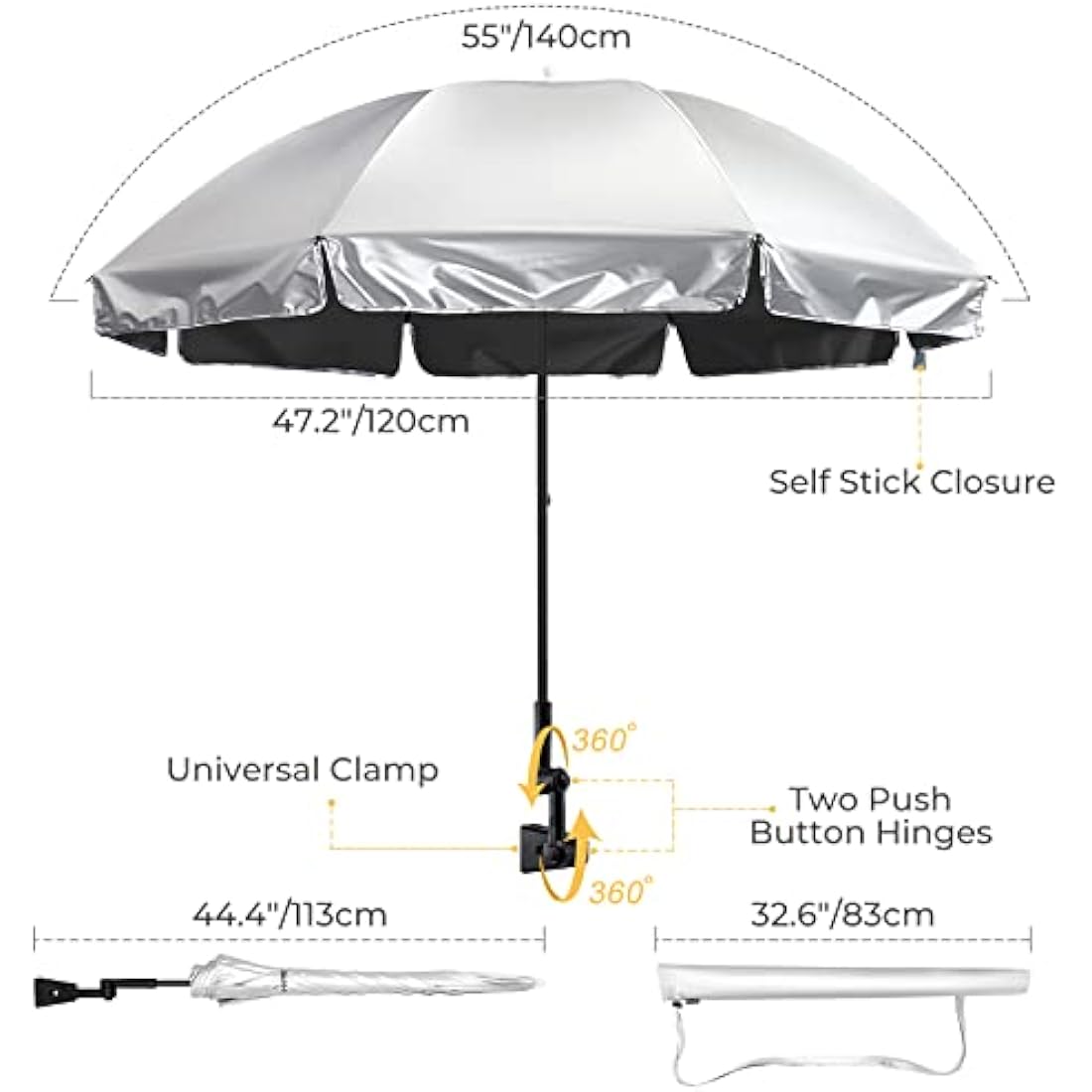 G4Free UPF 50+ Universal Clamp On Umbrella Adjustable Outdoor UV Protection Beach Chair Umbrella for Strollers, Wheelchairs, Patio Chairs, Golf Carts and Beach