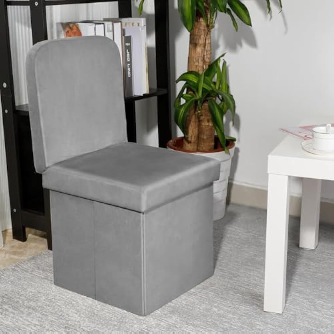 Bonlife Grey Folding Ottoman Storage Box with Seat Back Bedroom Chair Sturdy with Removable Lid 38x38x72cm
