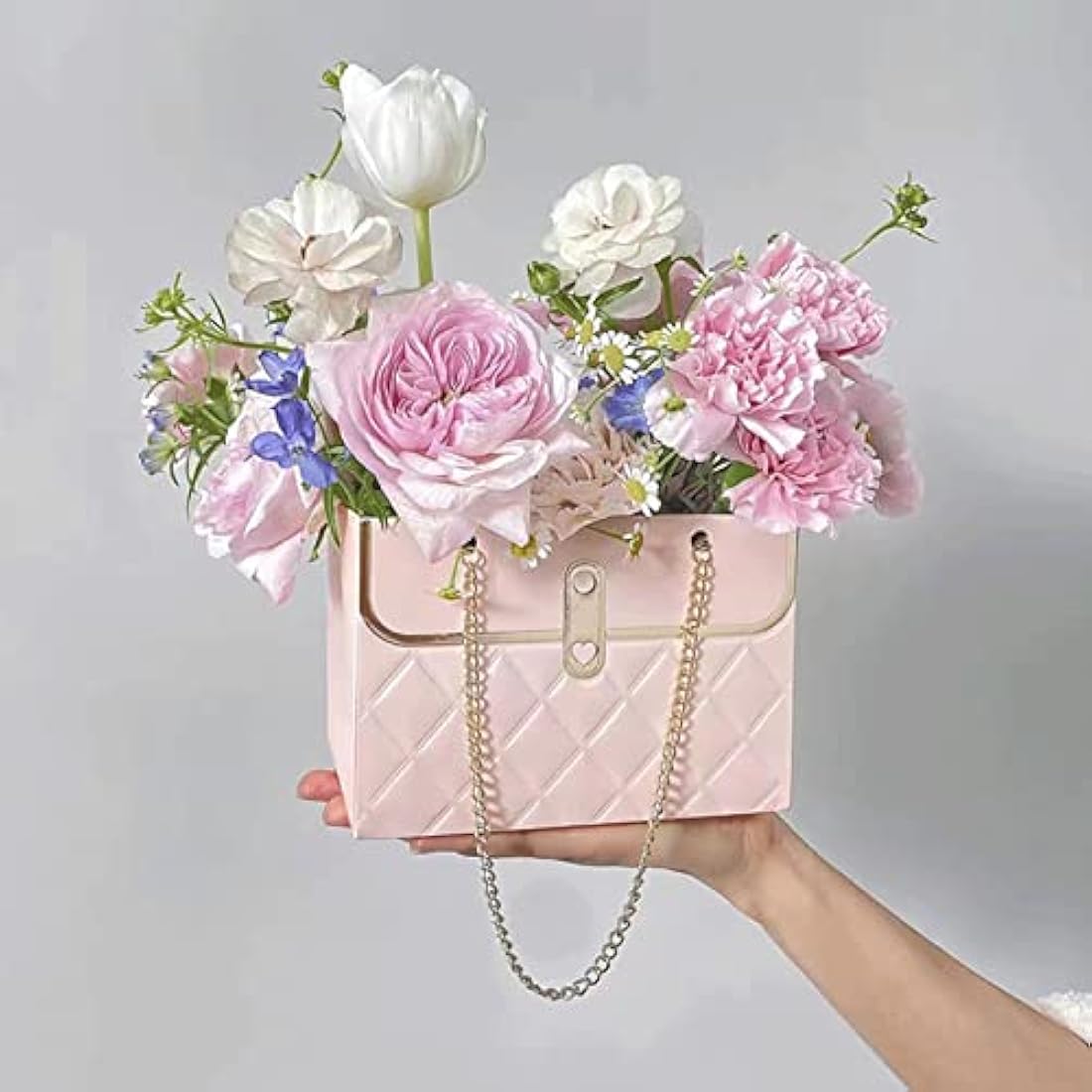 4PCS Flower Paper Box ‎CTDMJ Paper Flower Gift Bags Box Metal Chain Floral Arrangements Bouquets Bag Florist Bag Bouquet Storage Bucket Wedding Party Gift Wrap Bag (3 Colors), black white pink
