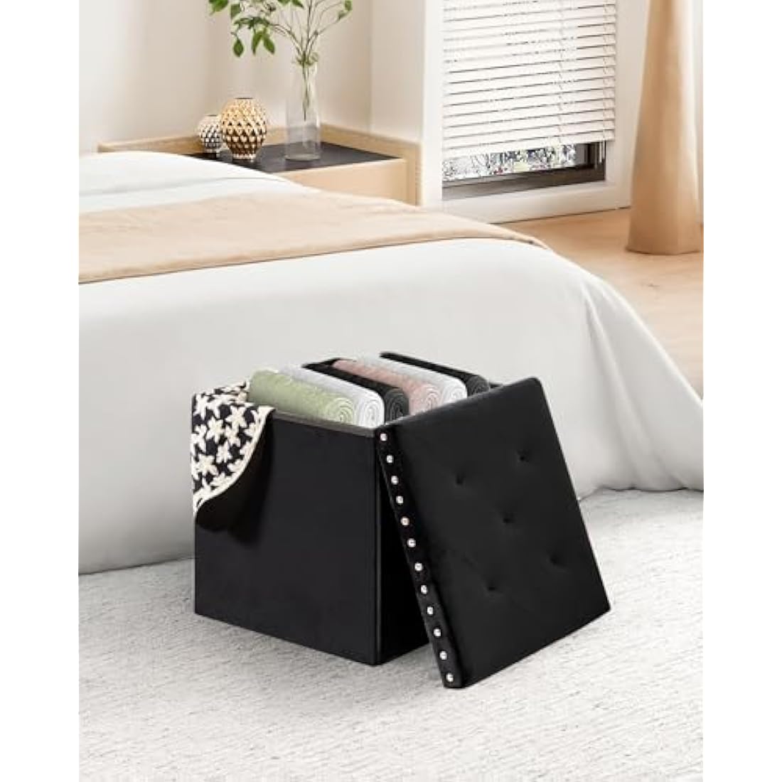 Bonlife Velvet Ottoman with Storage,Large Storage Boxes with Lids,Folding Coffee Table Ottoman Seat,Footstool for Living Room,Black,40x40x40cm