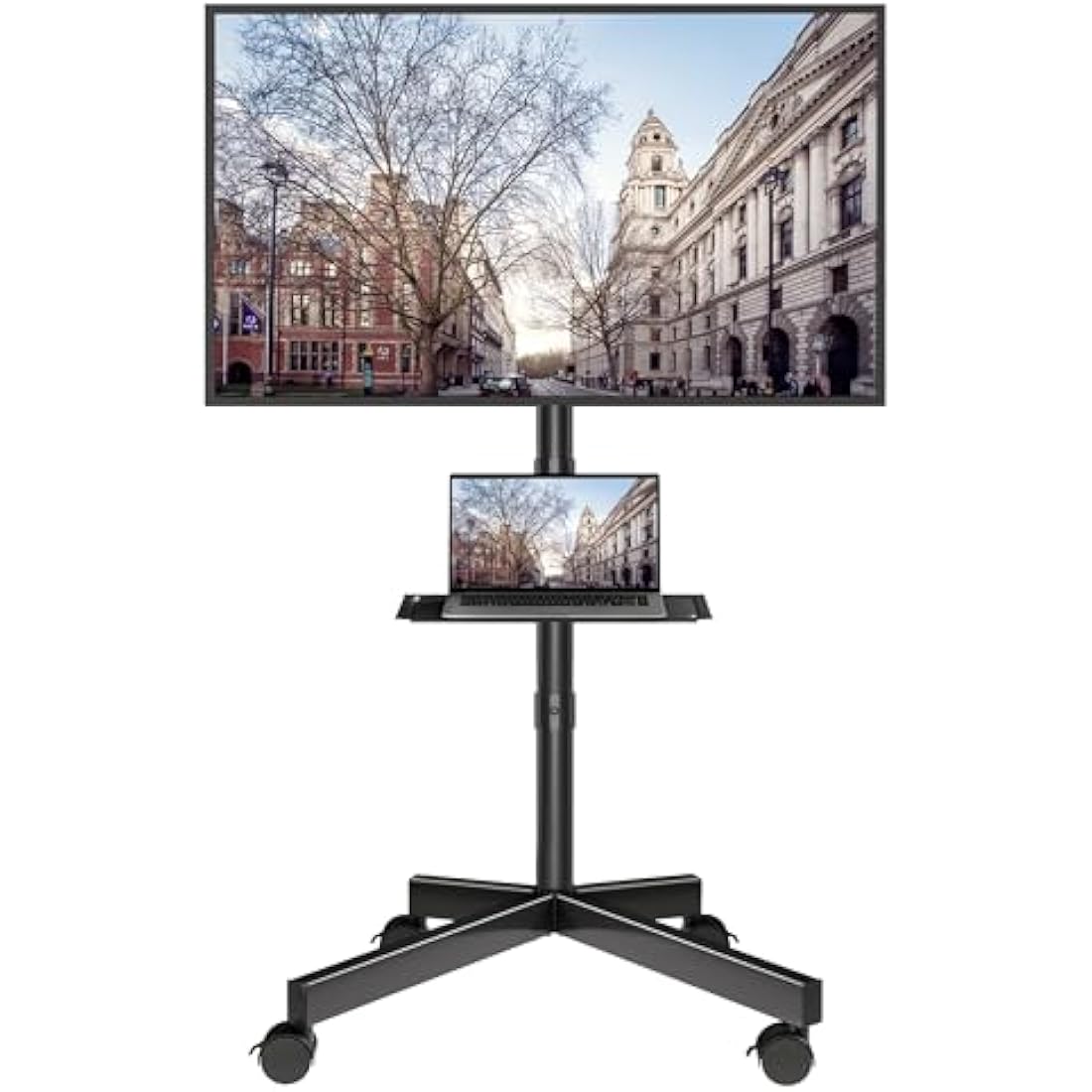 BONTEC Mobile TV Stand on Wheels, Rolling TV Cart with Media Shelf, TV Mount Stand with Tilt, 2-Level Height Adjustable Low-Profile Design for 23–60in LED/LCD/OLED TVs, Holds 25kg, Max VESA 400x400mm