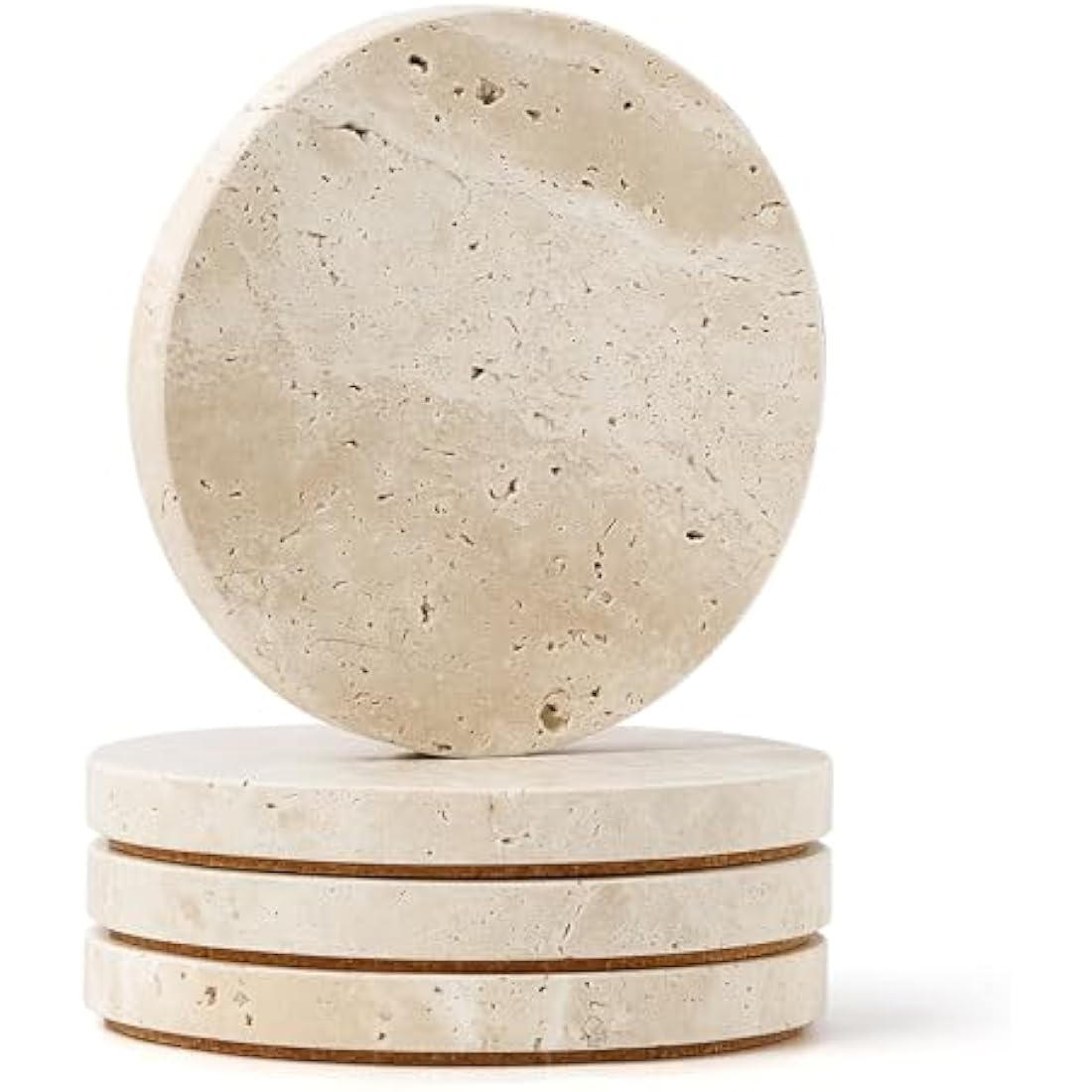 WORHE Marble Coaster for Drinks 4" Diameter Set of 4 Round Travertine Coasters for Home Decor Office Parties Birthday Housewarming Gift, Protect Countertops from Dirty,Sturdy and Tough Beige BD140