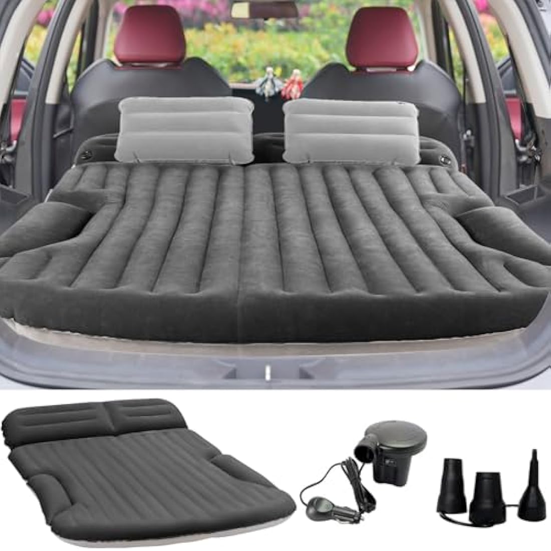 KMZ Air Mattresses Thickened and Double-Sided Flocked SUV Air Mattress Camping Accessories Camping Mattress with 2 Inflatable Pillows Dark Grey
