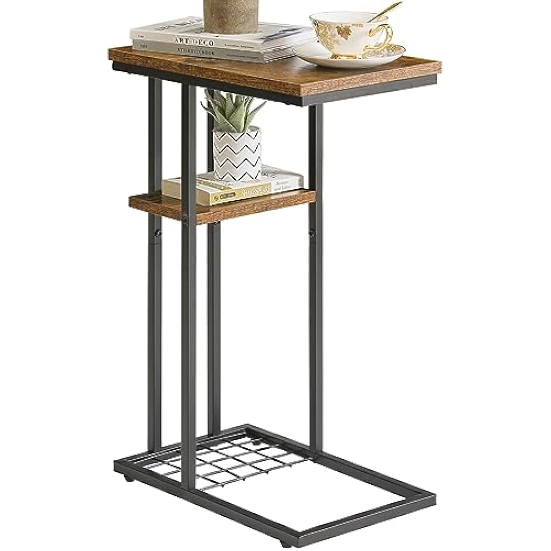 YMYNY C Shaped End Table, Snack Table, Side Table for Small Spaces, Living Room, Bedroom, Industrial, Small Table, Easy Install, 40 x 26 x 61.5CM Rustic Brown HST004H