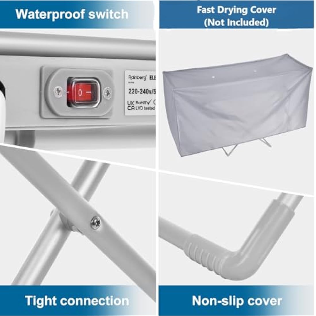 Rainberg Electric heated folding clothes dryer, 230w Energy-Efficient 18 rails and 2 Heated Wings indoor airer, wet laundry drying rack. (Heated Rack)