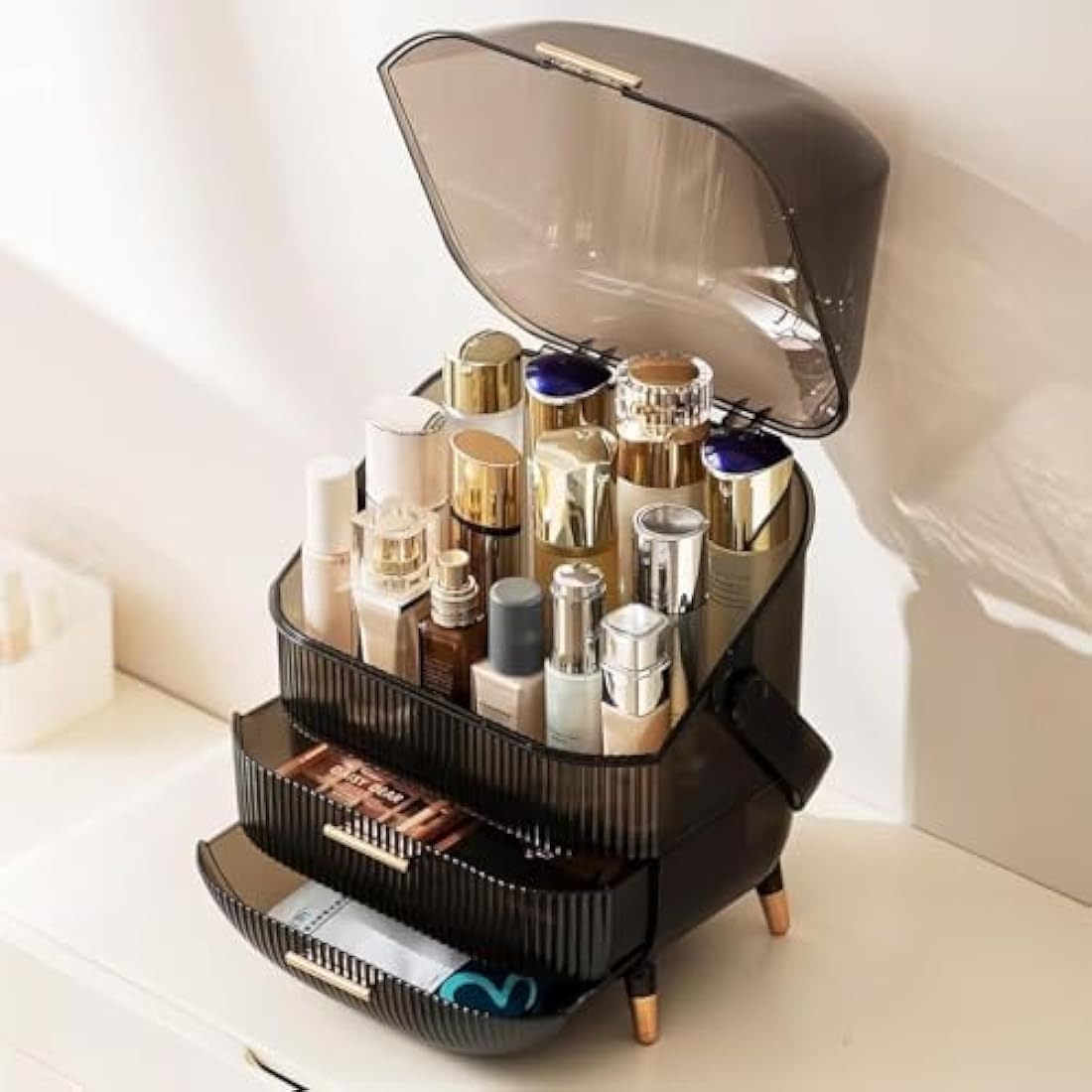 SIOOUI Makeup Organizer, 3 Layers Large Capacity Cosmetic Storage, Cosmetic Display Case with 2 Storage Drawers, Cosmetic Organizer for Bathroom Counter, Vanity Countertop, Bedroom, Desk (Clear Gray)