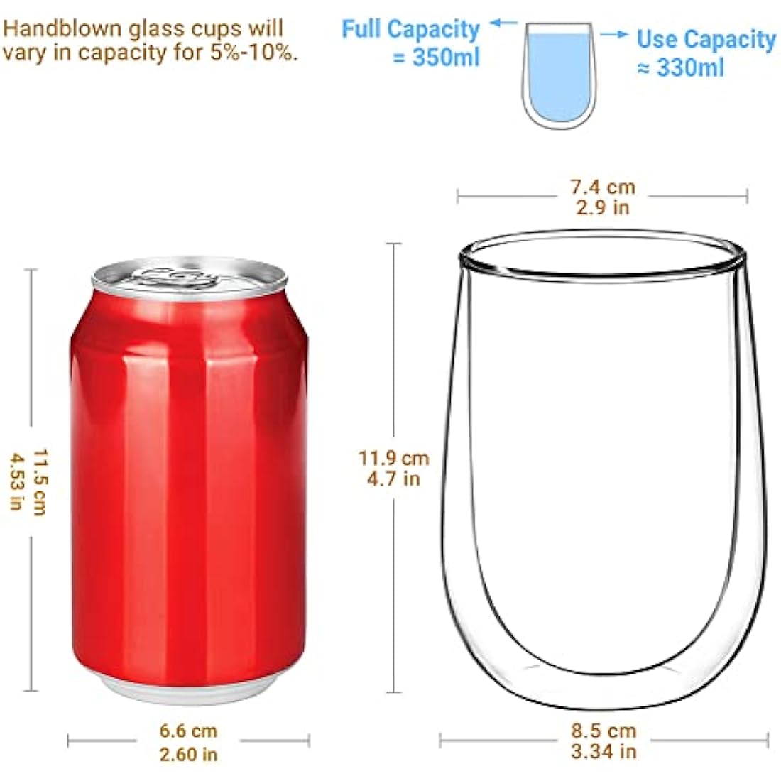 glastal 6x350ml Double Walled Coffee Glasses Mugs Cappuccino Latte Macchiato Glasses Cups for Coffee Tea Milk Juice Ice Cream Borosilicate Heat Resistant Glass Cups