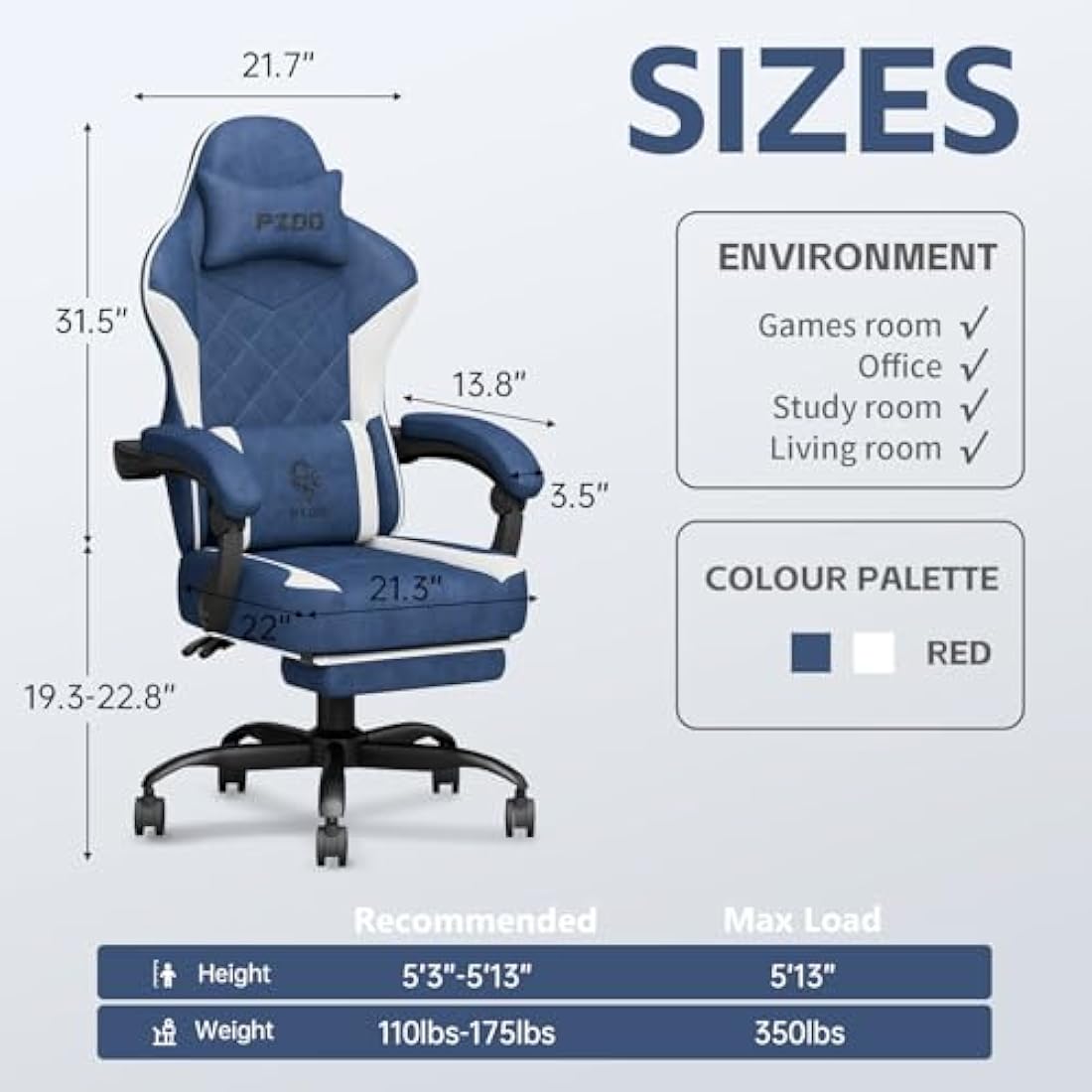 PZDO Gaming Chairs for Adults, Technical Fabric with Footrest, Gamer Chair with Height Adjustable 360° Swivel Seat, Ergonomic Computer Recliner Chair for Teens, 150 kg, Blue