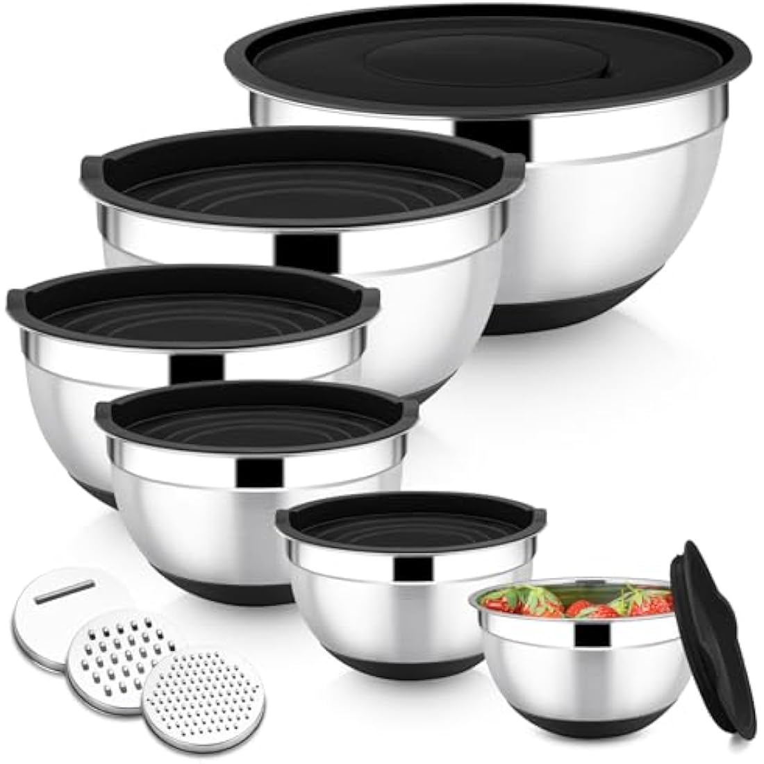Onader Stainless Steel Mixing Bowls, 6-Piece Metal Salad Bowl for Kitchen Baking Cooking Serving, Airtight Lids & 3 Graters & Silicone Bottom, Size 0.7/1.2/1.6/2.5/2.8/4.6QT - Black
