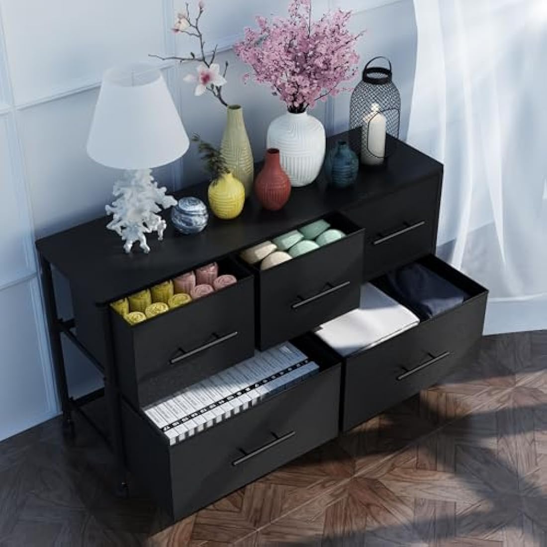 MYGIIVOVO Chest of Drawers, Dresser for Bedroom with 5 Fabric Drawers, TV Stand with 4 Castors, Storage Organizer Unit for Living Room Kids Room (Black)