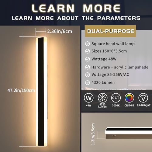 Mikeru 150cm Outdoor Garden Wall Light, 48W Minimalist Exterior Wall Lights 2Pack Christmas Lights Outdoor Warm White 3000K Hard Wired Downlight Wall Light 5300 Lumens for Cabinet, Balcony