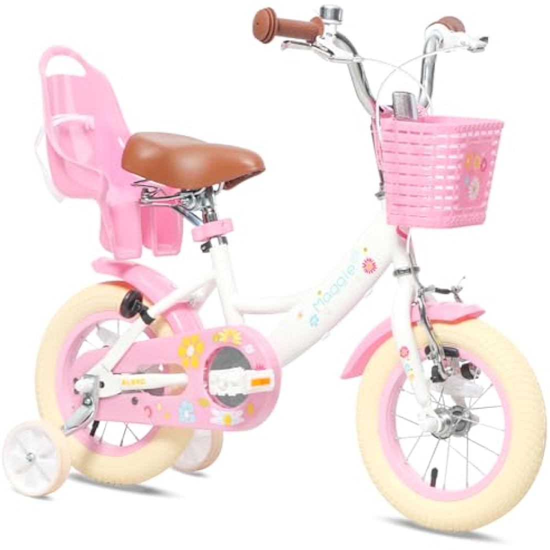 Glerc Maggie 12 Inch Kids Bike for 2-13 Years Old, Girls Bicycle with Doll-Seat & Basket & Stabilisers & Kickstand, Multiple Colors