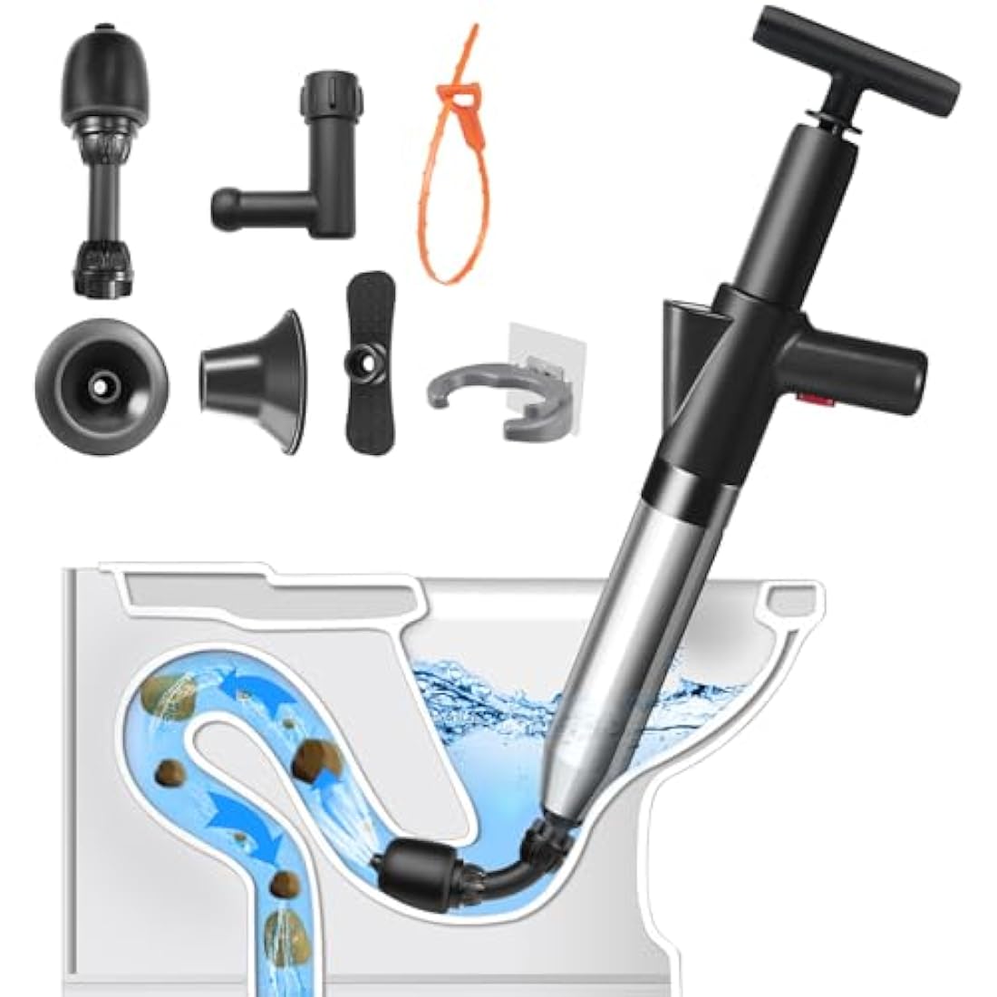 LightingWill High Pressure Toilet Plunger Set, Toilet Unblocker Heavy Duty with A Holder and 4 Replaceable Heads, Toilet Unblocker Tools for Unblocking Toilet Bathtub Shower Floor Drain and Pipe Clog
