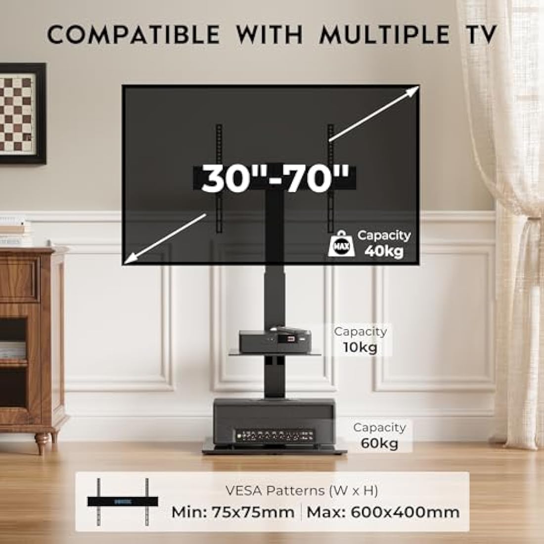 BONTEC Universal Floor TV Stand for 30-70 inch LED OLED LCD Plasma Flat Curved Screens, Height Adjustable Tall TV Stand with 2-Tier Tempered Glass Shelves up to 40KG, Max VESA 600x400mm