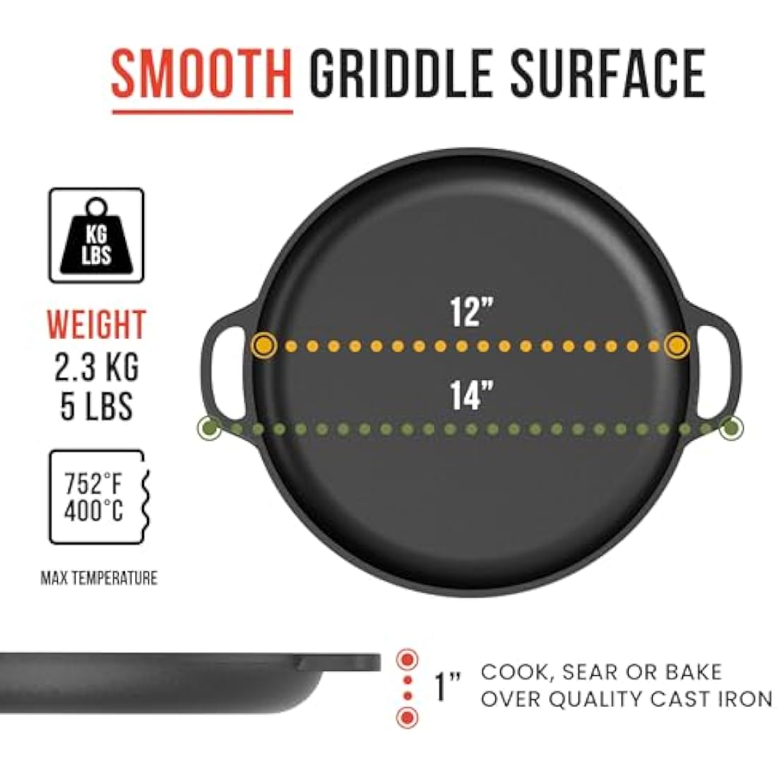 Chef Pomodoro Cast Iron Pizza Pan, Pre-Seasoned 12 Inch Skillet With Handles, Griddle for Dosa Tawa Roti, Comal for Tortillas, Baking on Stove, Oven, Grill BBQ and Camping
