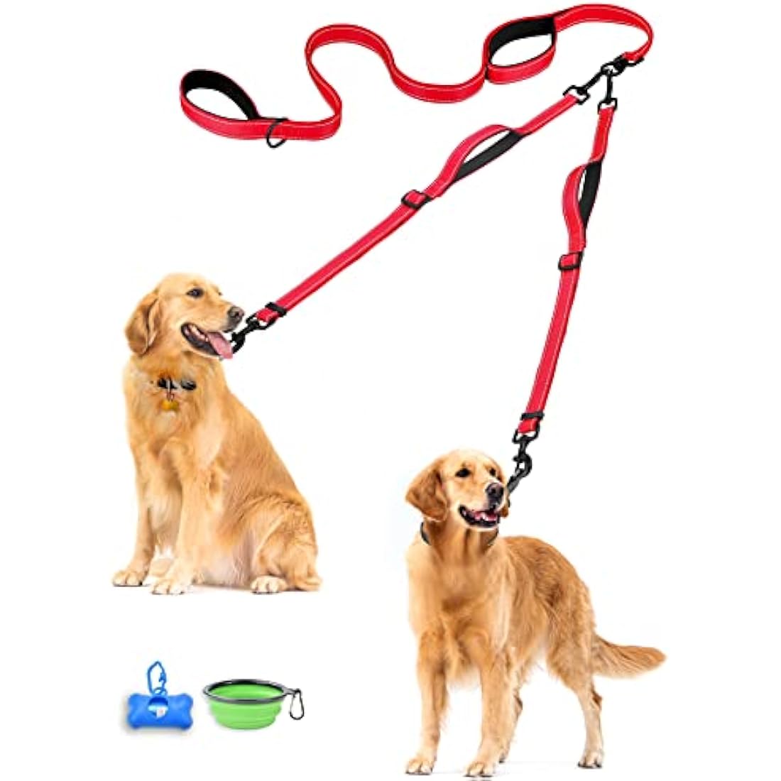 PetBonus Double Dog Leash, No Tangle Dual Leash, Reflective Walking Training Lead, 4 Comfortable Padded Handles for 2 Dogs with Collapsible Bowl and Waste Bags (Red, Large)