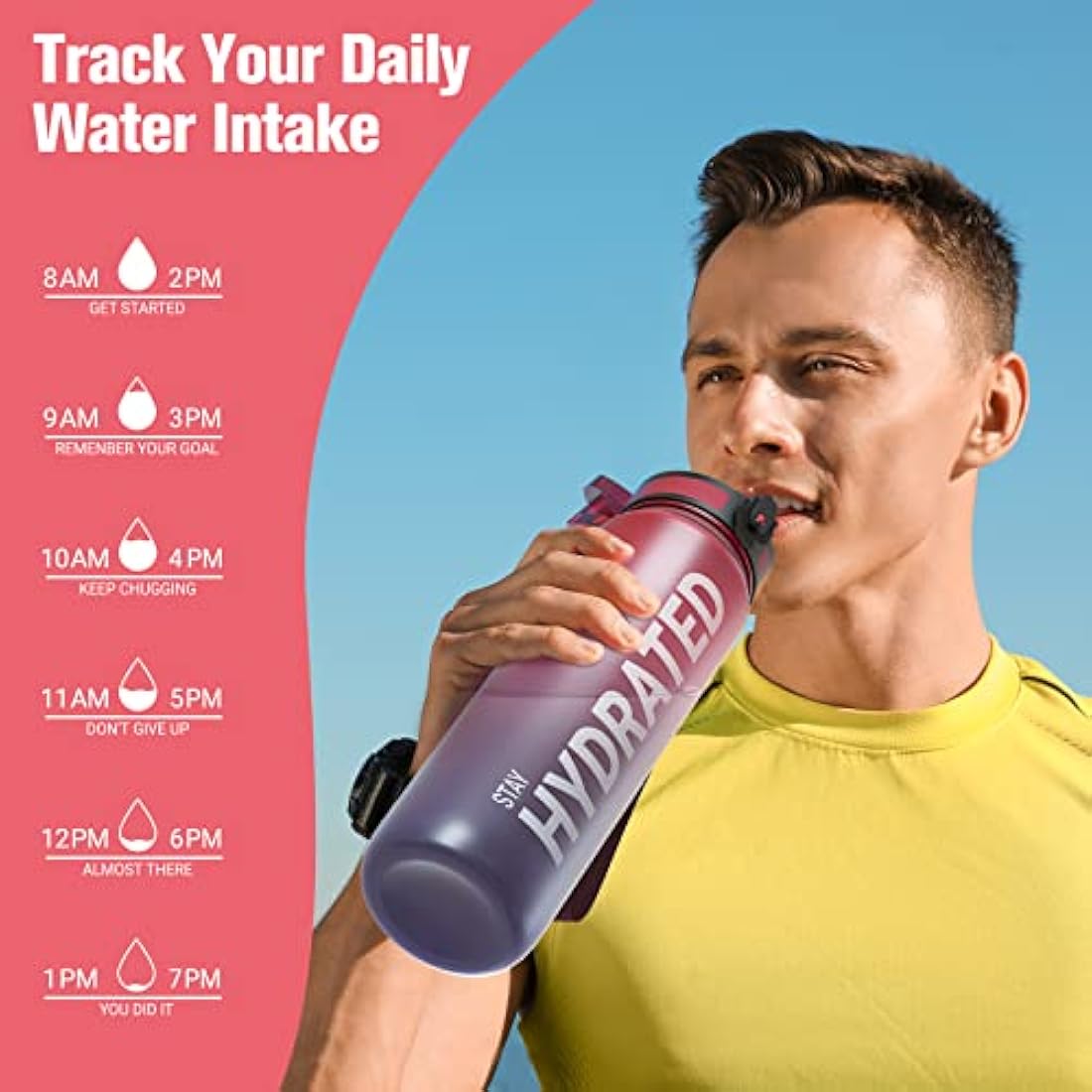 Sahara Sailor Leakproof Water Bottle 1L/500ML/750ML, Tritan BPA Free Motivational Sport Drinks Bottle with Clear Time Marker, Lock Cover, Easy Clean Brush, Durable for Gym, School, Cycling (1 Bottle)