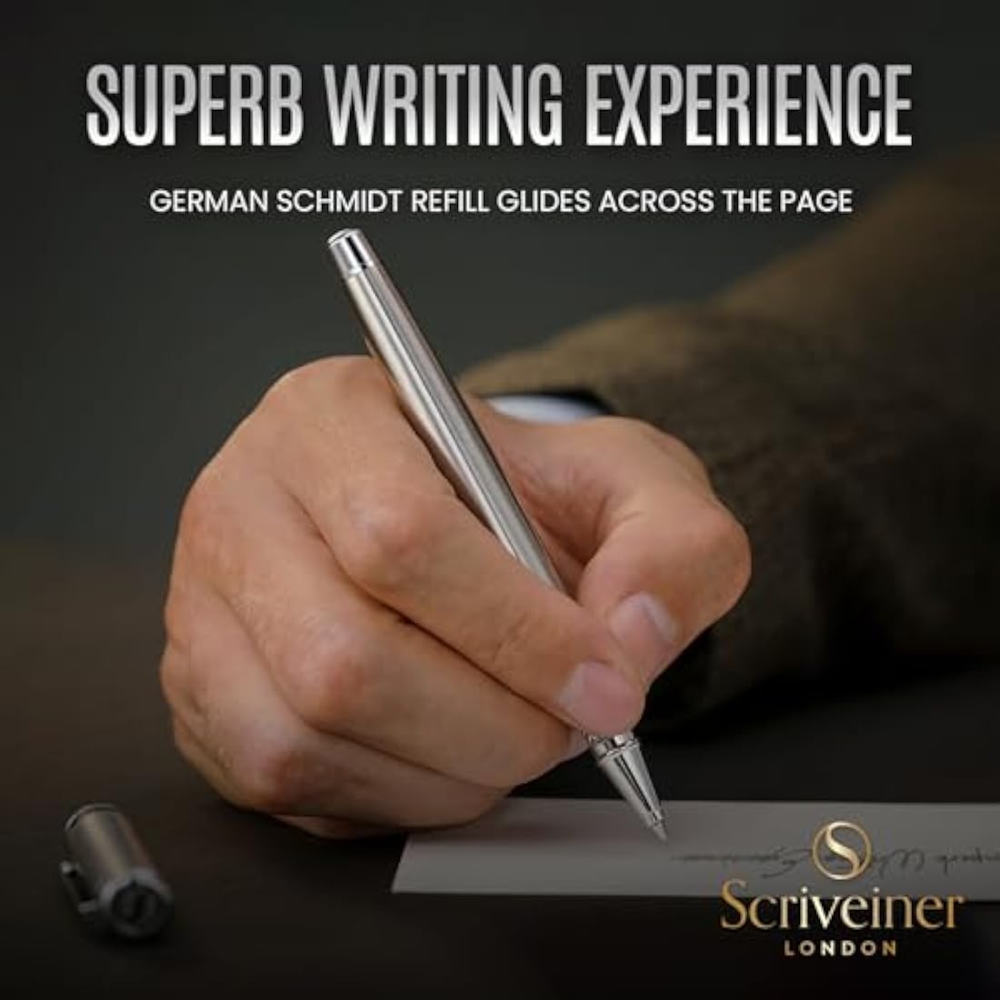 Scriveiner Stainless Steel Rollerball Pen - Stunning Luxury Metal Pen with Silver Chrome Finish, Schmidt Ink Refill, Best Roller Ball Pen Gift Set for Men & Women