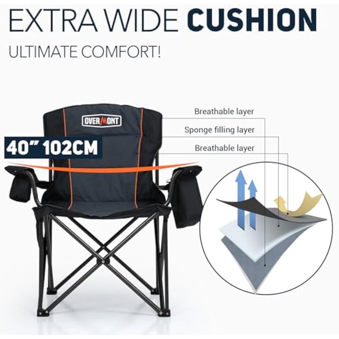 OVERMONT 204kg Oversized Camping Folding Chair for Adults with Cooler Bag & Carry Bag-Heavy Duty Lawn Chair with Cup Holder Support 450 LBS with High Back Comfy for Garden Picnic Beach