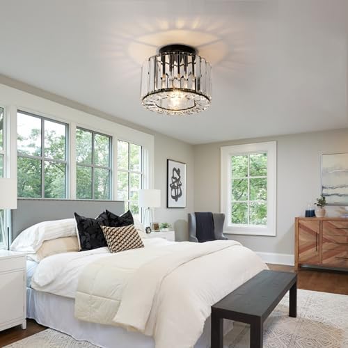 ZYDTRIP Crystal Ceiling Light Fixture Large Crystal Semi Flush Mount Ceiling Lamp Modern Black Crystal Chandelier for Living Room Hallway Dining Room Kitchen