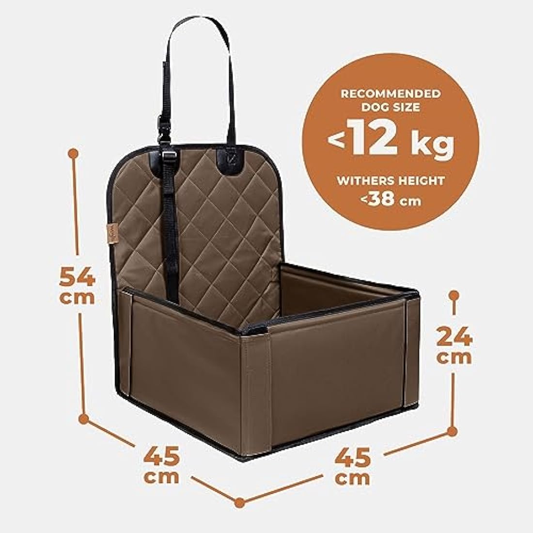 Wuglo Extra Stable Dog Car Seat - Robust Car Dog Seat or Puppy Car Seat for Small to Medium-Sized Dogs - Reinforced Walls and 3 Belts - Waterproof Pet Car Seat for Back and Front Seat (Brown)