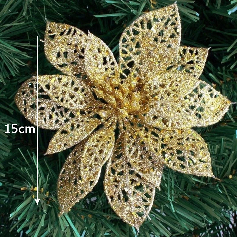 10Pcs/Set Christmas Flowers Xmas Christmas Tree Decorations Glitter Hollow Wedding Party Decor Gold/Silver/Red/Green/Blue 8Z