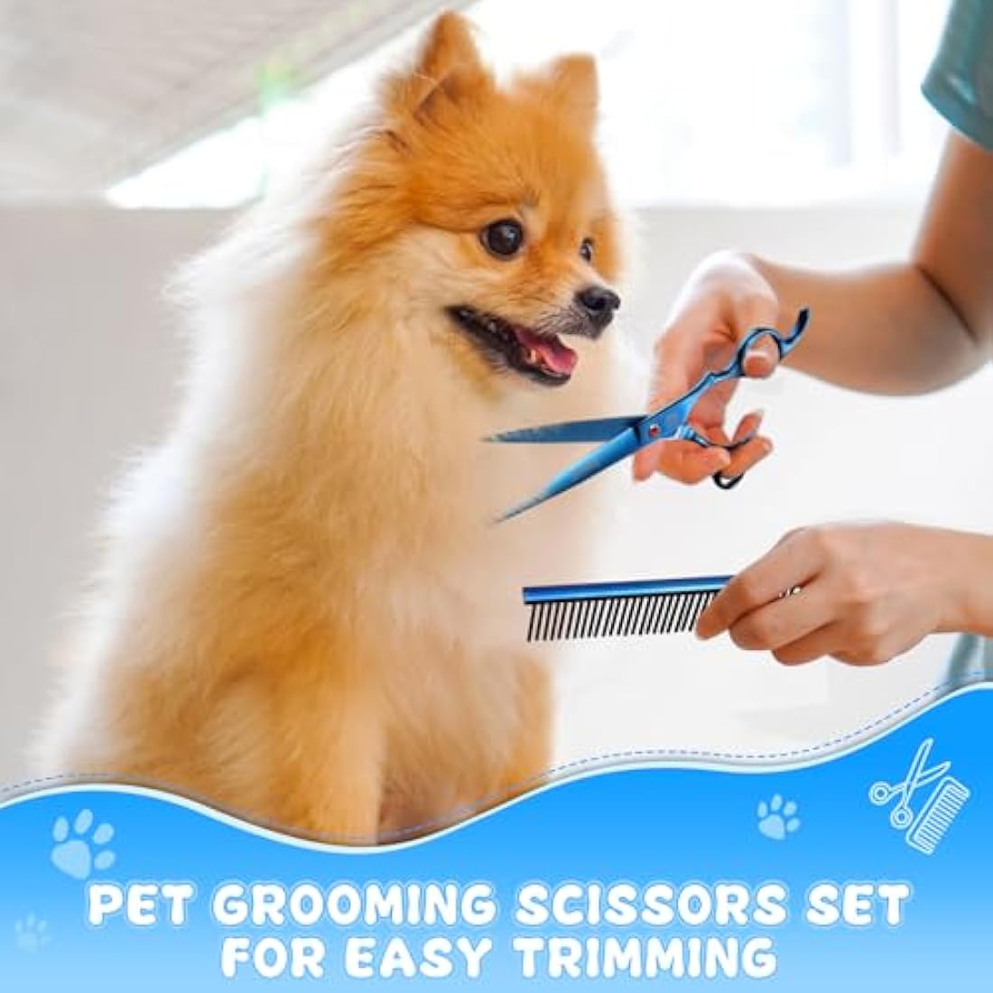 Moontay Dog Grooming Scissors Set Professional, 7 Inch Pet Grooming Scissors, 8 in 1 Straight, Curved, Thinning, Fishbone Scissors with Comb, Tension Adjuster, Cleaning Cloth and Storage Case, Blue