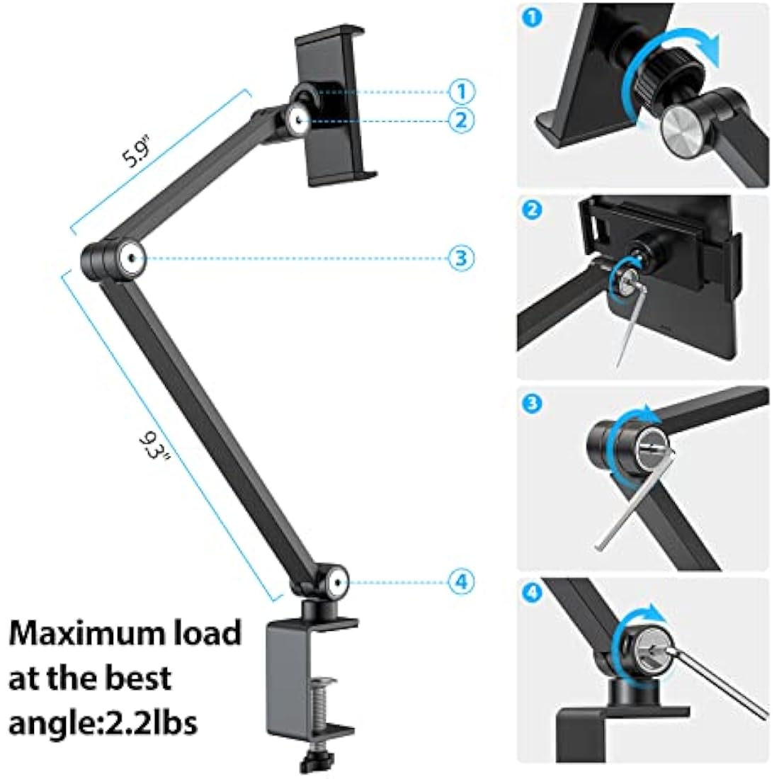 BEWISER iPad Stand Desk Mount for Tablet,Portable Monitor Arm Holder, Aluminium Alloy Clamp Mount Compatible with 1kg 4.7-15.6" Screen Phone,Kindle,Fire HD,Switch (Grey)