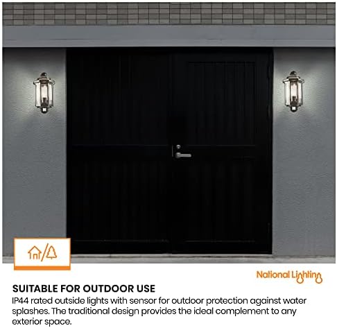 National Lighting Black Outdoor Security Lights - PIR External Wall Light - Motion Sensor Presence Detector Half Lantern Garden Porch Wall Lamp - IP44 Rated 60W GLS ES or LED E27 (Not Included)