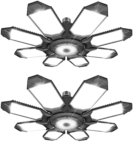 DEEIRAO LED Garage Ceiling Light, 260W 26000LM 6500K Deformable with 8+1 Adjustable Panels Commercia Bay Lamp for E26/E27 Screw Socket,Basement,Barn,Workshop,Attic (2 Packs)